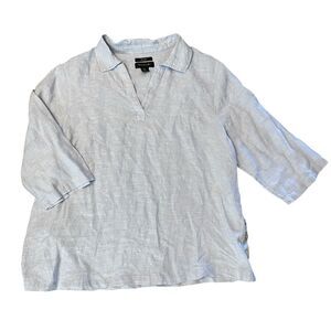 Tahari Linen Tunic Top Size 2X Blue Chambray 3/4 Sleeve V-Neck Lagenlook Beachy